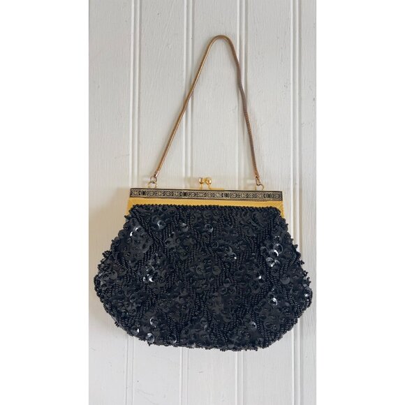 Vintage Beaded Black Evening Bag With Gold Frame & Chain Handle - Picture 7 of 14